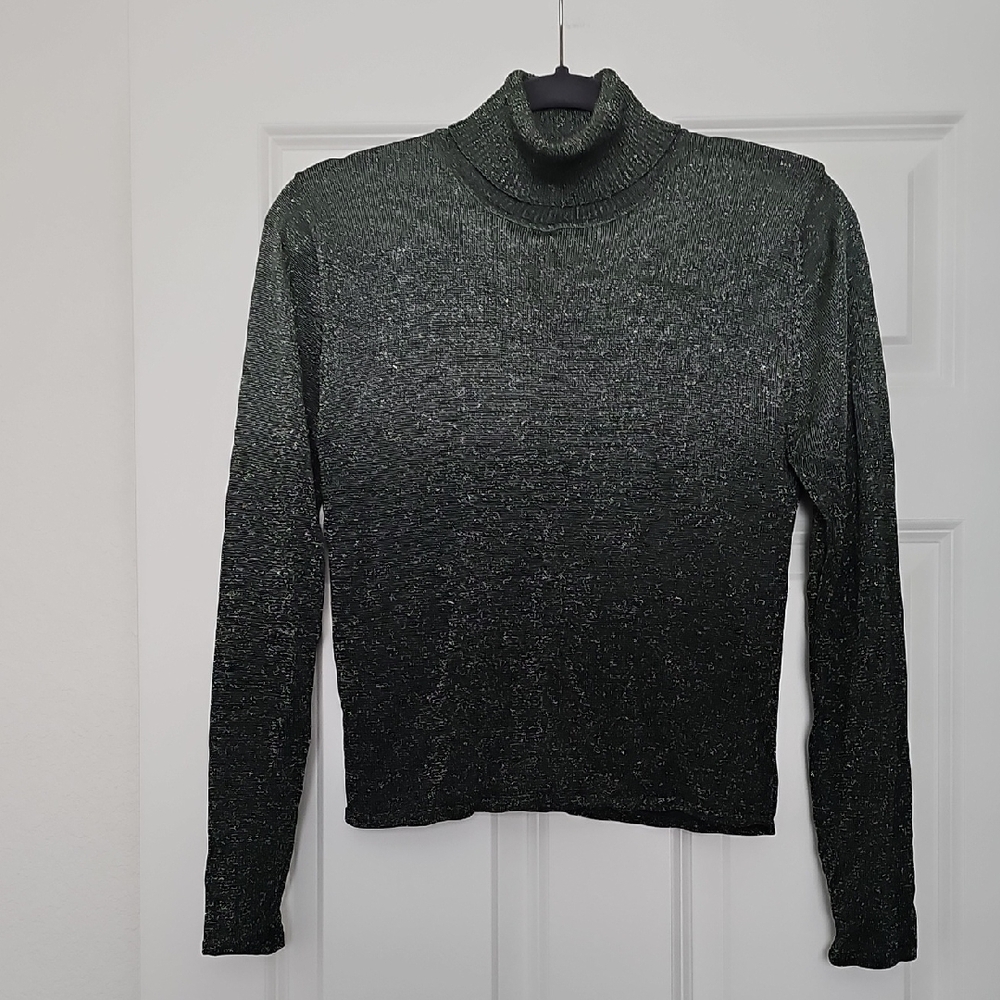Metallic Lurex Ombre Turtleneck Long Sleeve Knit Sweater Gray Black S